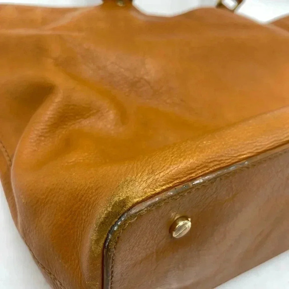 Vintage Tory Burch Bombe Glazed Leather Handbag Zip Top Tote in Luggage tan - Picture 10 of 12